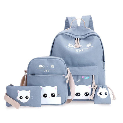 4 Pieces Cartoon Cat Printed Canvas Backpacks Set For Kids