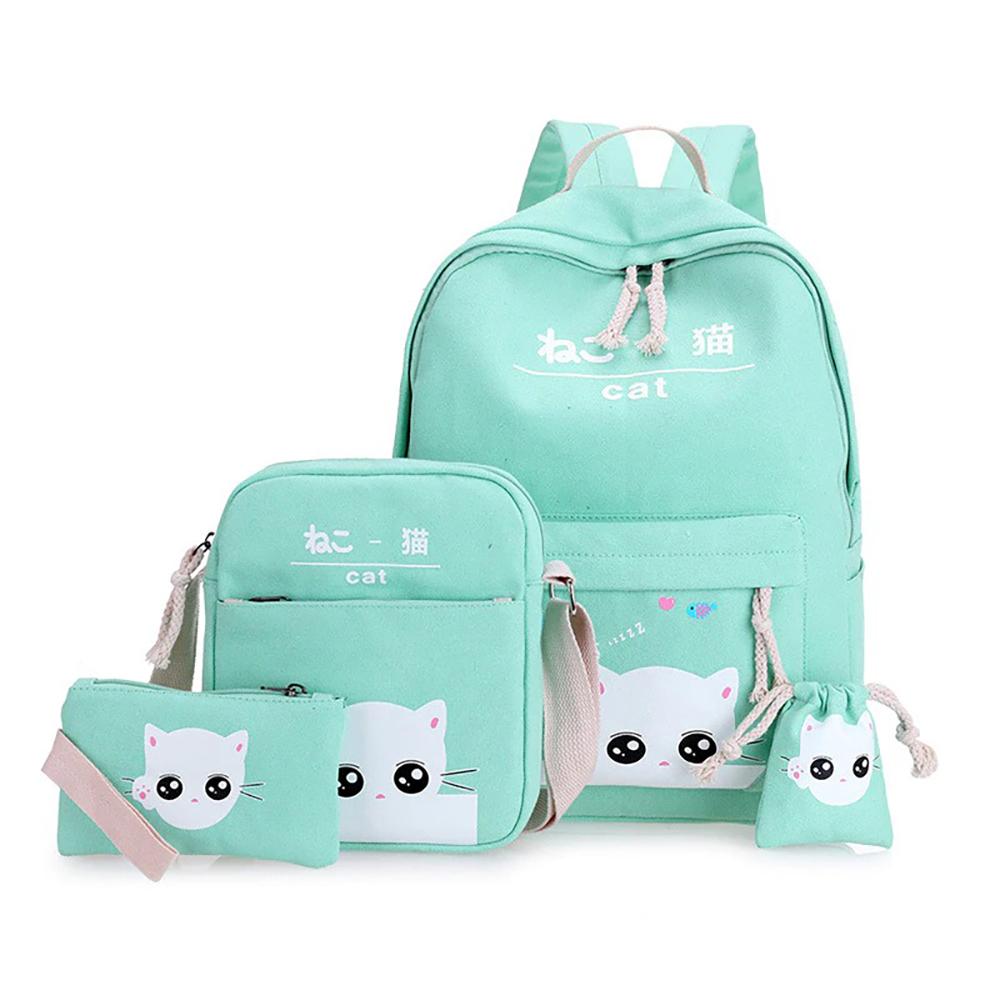 4 Pieces Cartoon Cat Printed Canvas Backpacks Set For Kids