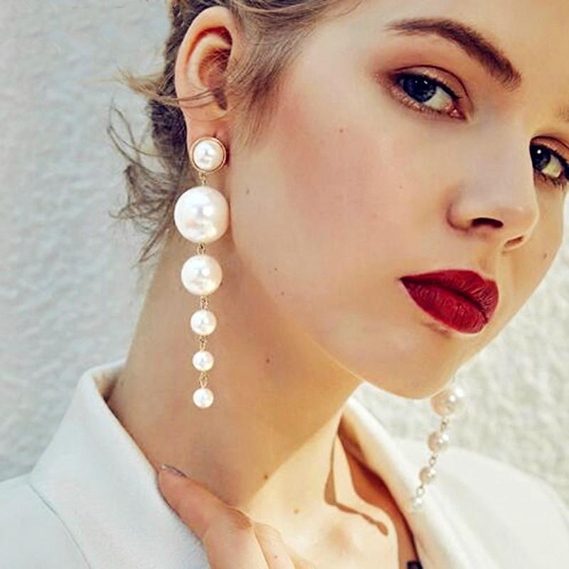 Elegant And Stunning Long Drop Pearl Earrings