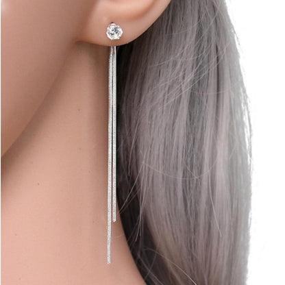 Elegant Silver Long Drop Earrings with Rhinestones