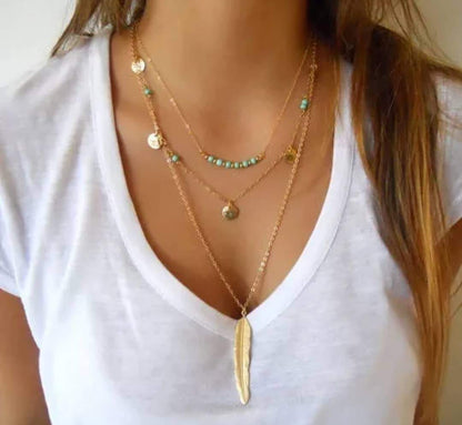 Multi-Chain Feather Long Necklace