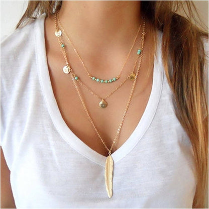 Multi-Chain Feather Long Necklace