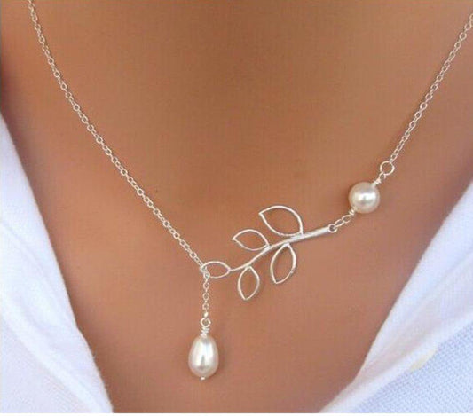 Pearl and Leaves Lariat Simple Dainty Necklace