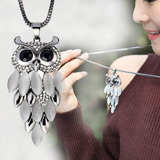 Rhinestone Gem Droplet Owl Necklace- Owl Jewelry