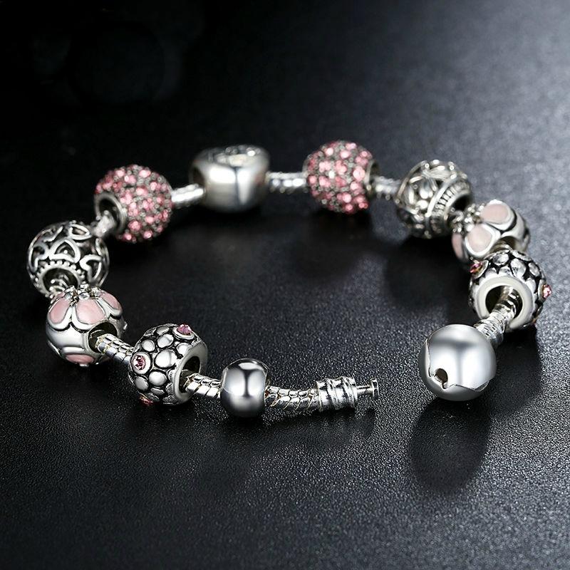 Silver Chain Bracelet with Love and Flower Charms