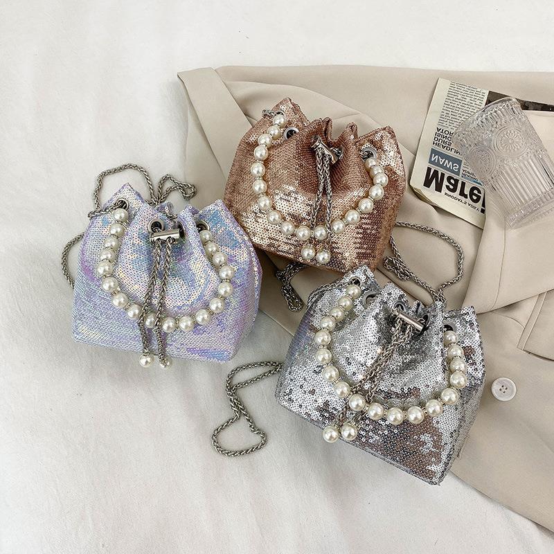 Pearl and Sequin Crossbody Party Bucket Bags